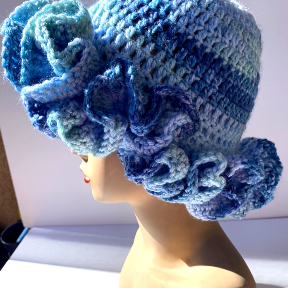 Blue crochet ruffle beanie